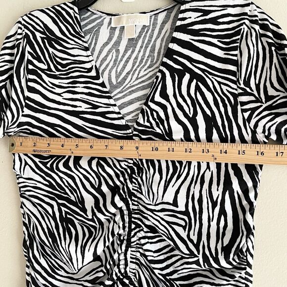 Michael Kors Y2K Top Size S Short Sleeve V Neck Zebra Print String Black White - Picture 7 of 13